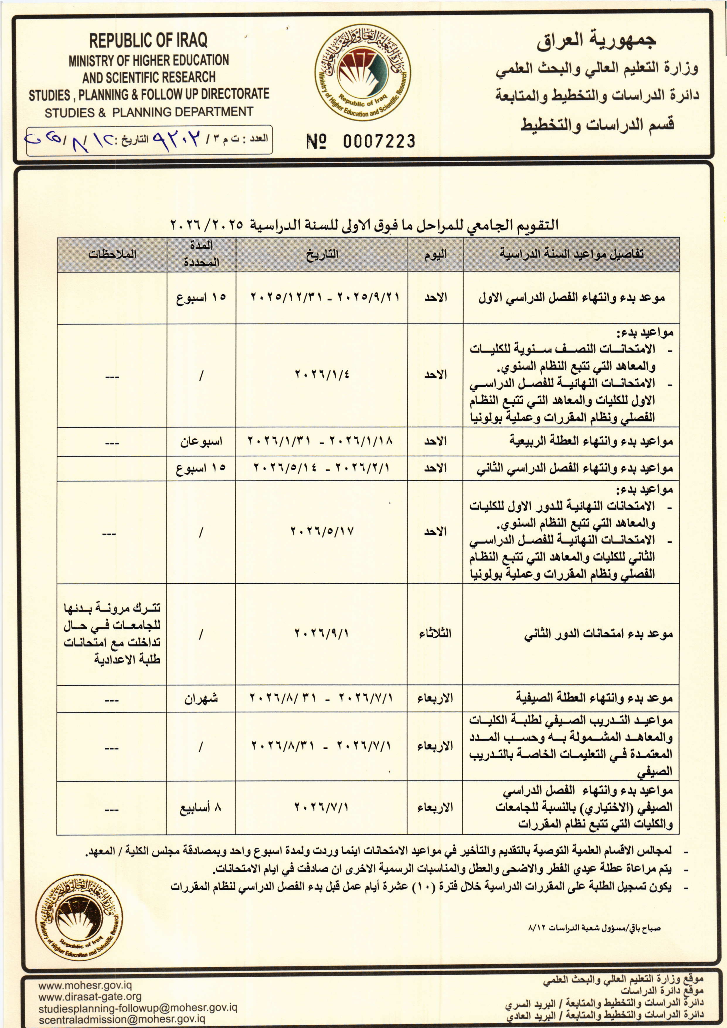 وزير التعليم يوافق على التقويم الجامعي 2026/2025 ويحدد 21 أيلول بدء العام الدراسي الجديد